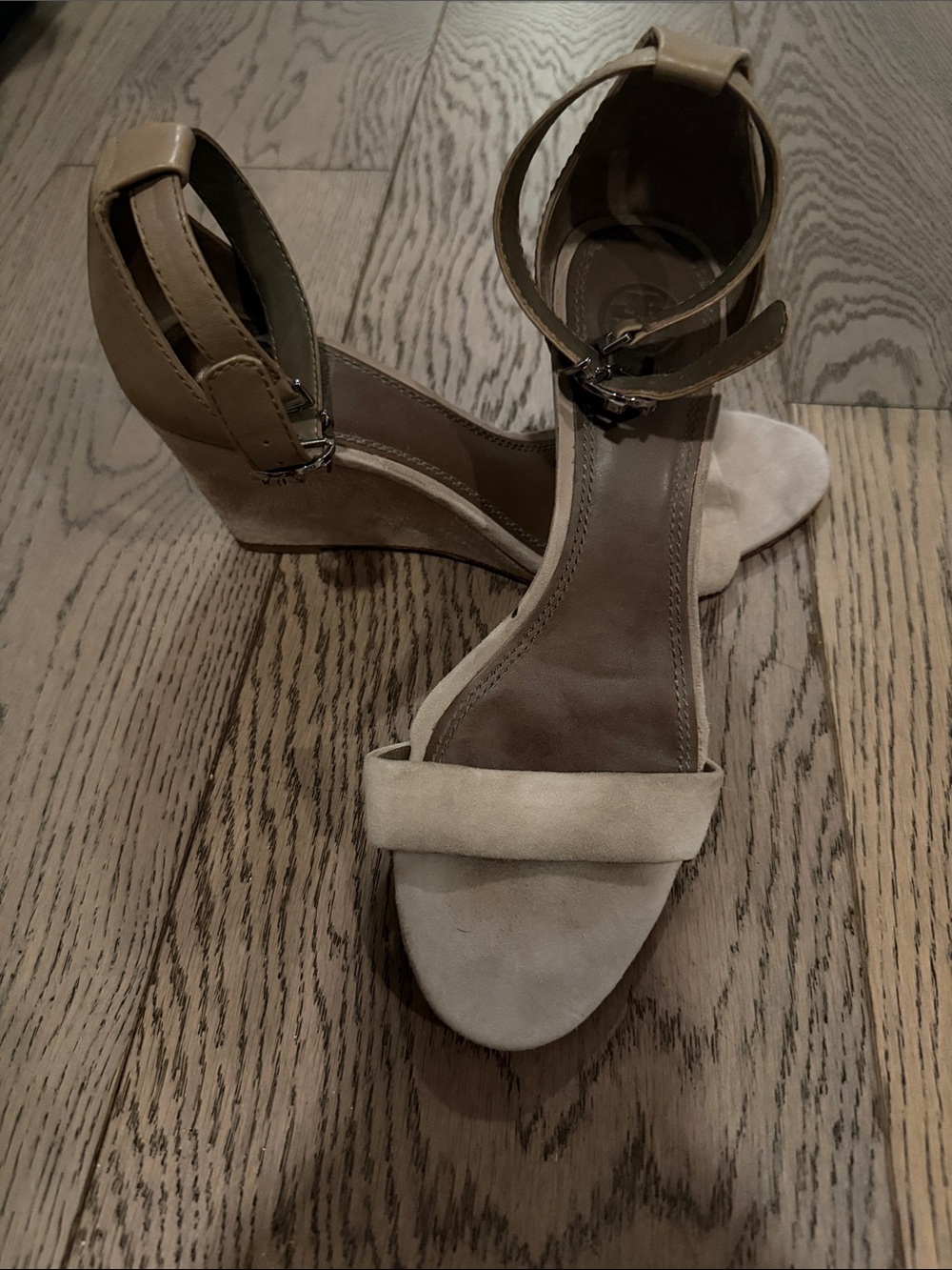 Tory Burch Beige and Tan Suede Ankle-Strap Wedge Sandals